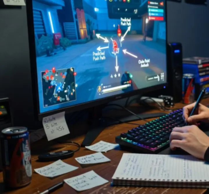 Gracz analizujący ruchy przeciwnika na ekranie z widoczną mapą i statystykami