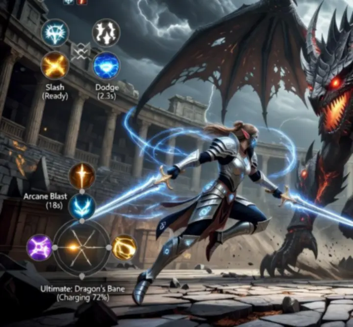 Pojedynek z potężnym bossem, na ekranie widoczne są oznaczone strefy ataku i sugerowane pozycje gracza