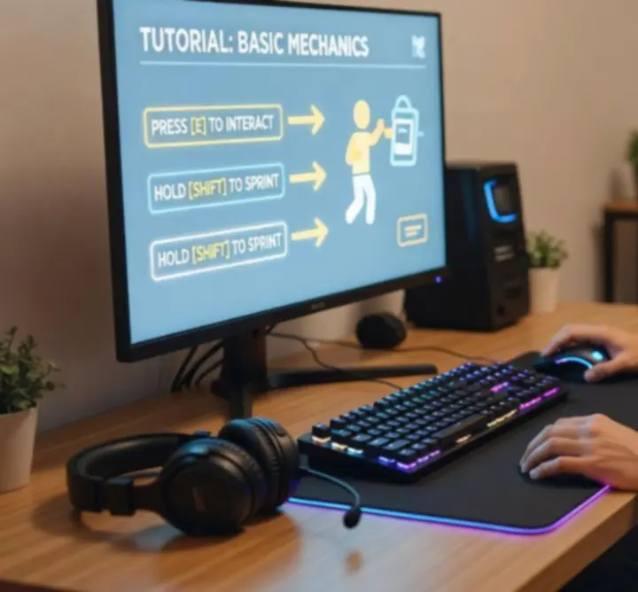 Początkujący gracz czytający poradnik na ekranie