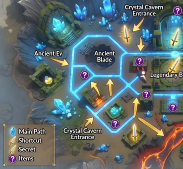 Schematyczna mapa poziomu z zaznaczonymi trasami, skrótami i ukrytymi lokacjami