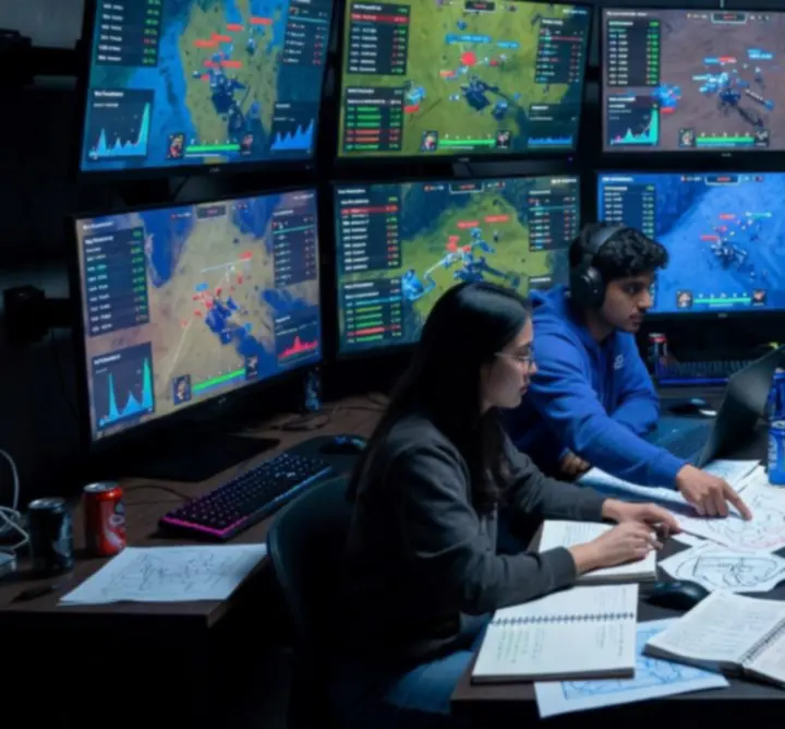 Grupa zaawansowanych graczy analizująca strategię na profesjonalnej sesji gamingowej