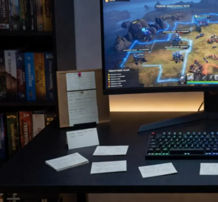 Gracz analizujący strategię gry przy wielomonitorowym stanowisku gamingowym