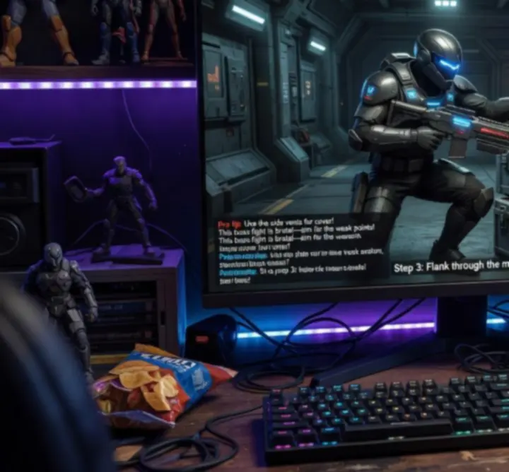 Kadr z wideo walkthrough prezentujący fragment rozgrywki z nałożonymi wskaźnikami i opisami strategii